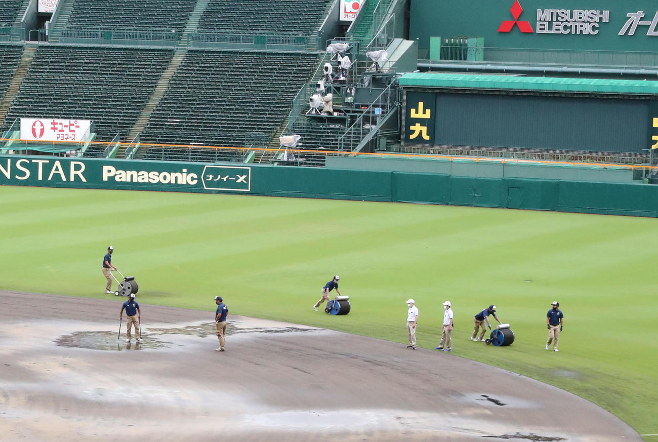 15時からの試合に向けてグラウンド整備をする阪神園芸（撮影・屋方直哉）