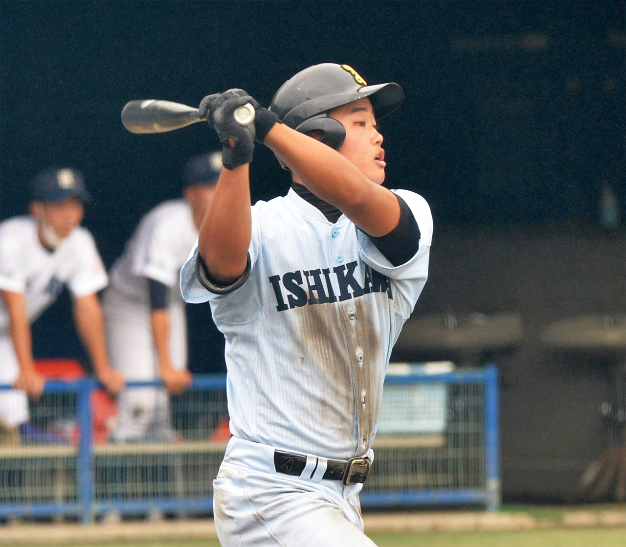 2回、2点適時打を放つ学法石川・上野洸明（撮影・佐藤究）