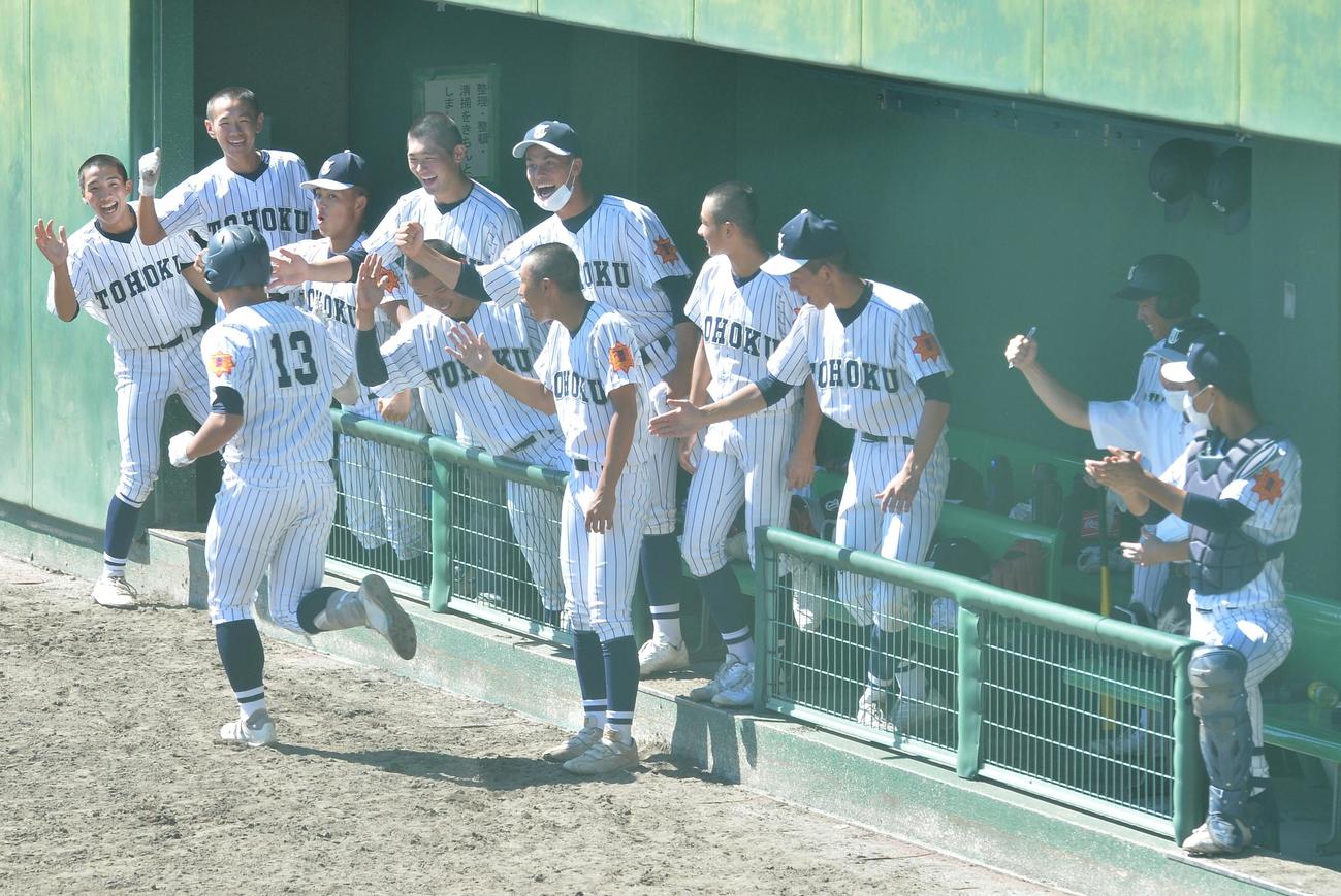 仙台商対東北　3回裏東北2死二塁、阿部琥珀が2ランを放ち、ベンチで盛り上がる東北ナイン（撮影・佐藤究）