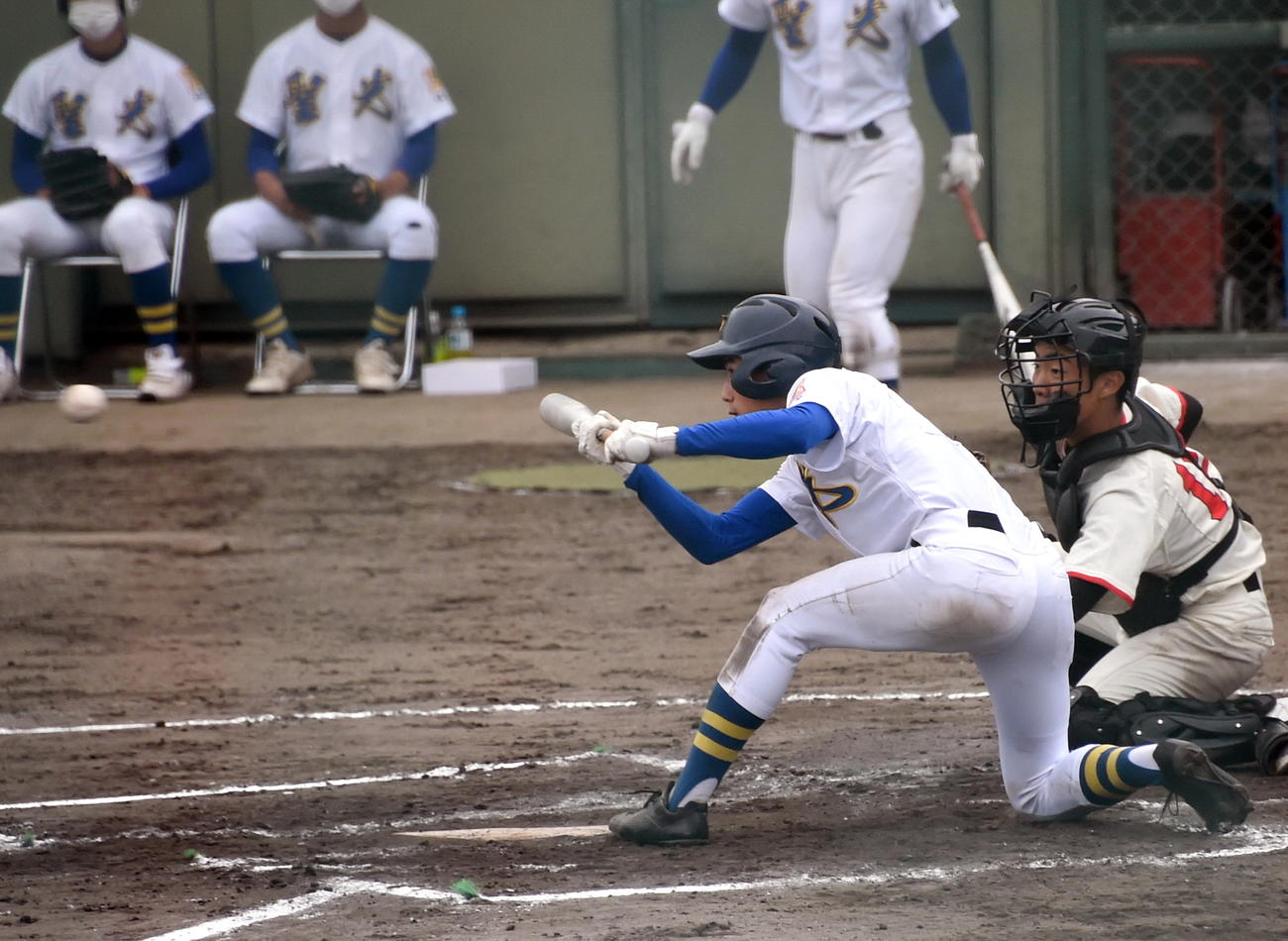 7回、勝ち越しスクイズを決める聖光学院・赤堀