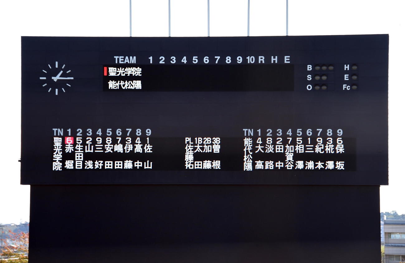聖光学院対能代松陽　先発を表示するスコアボード（撮影・山田愛斗）