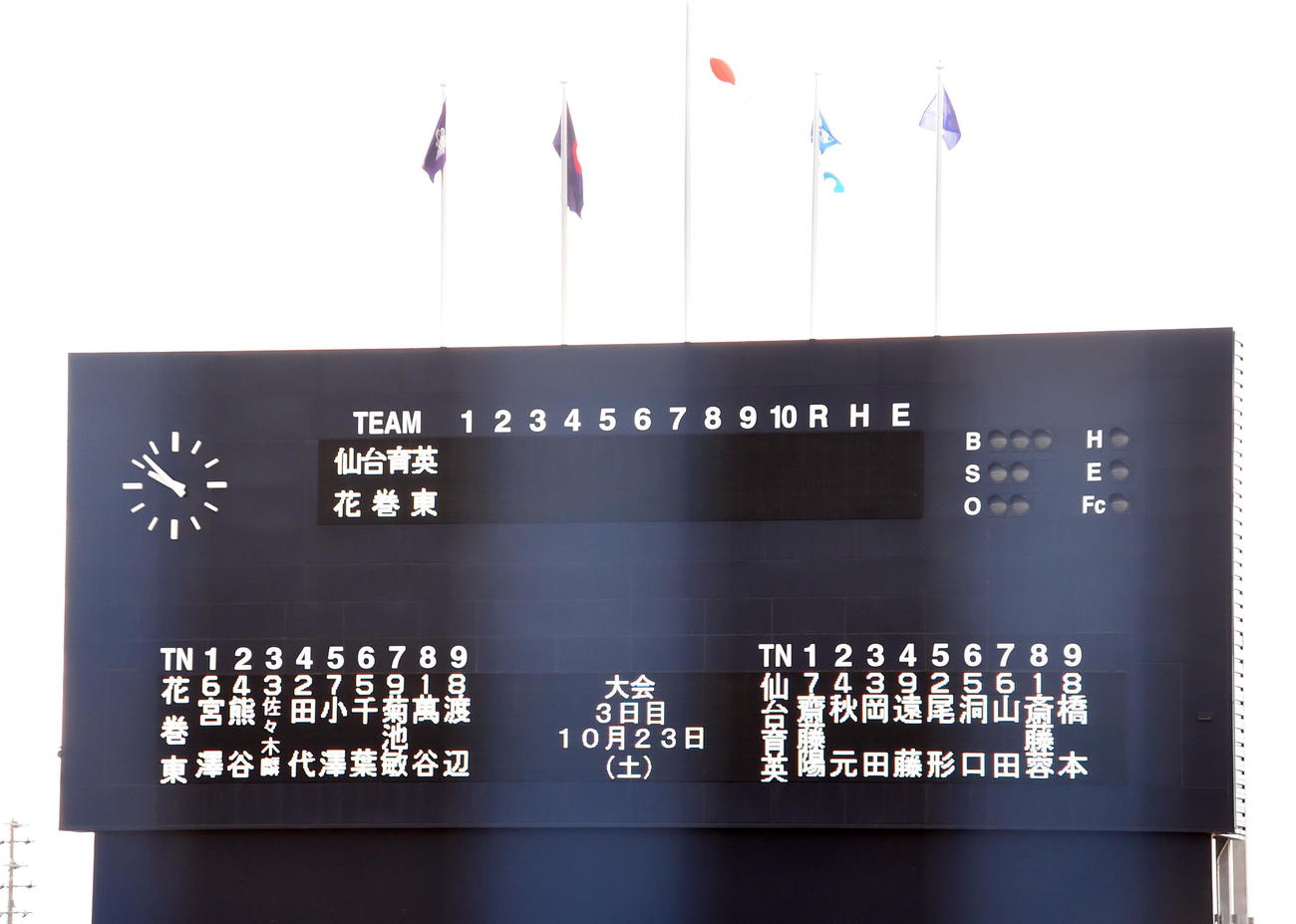 仙台育英対花巻東　先発を表示するスコアボード（撮影・山田愛斗）