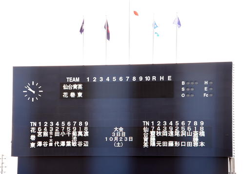 仙台育英対花巻東　先発を表示するスコアボード（撮影・山田愛斗）