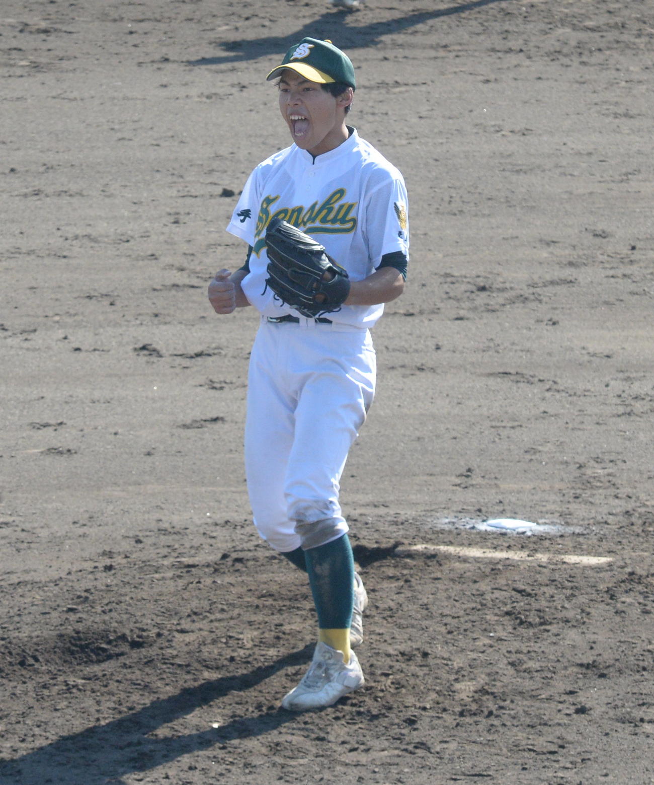 5回、ピンチを切り抜け雄たけびを上げる専大北上・岡本（撮影・濱本神威）