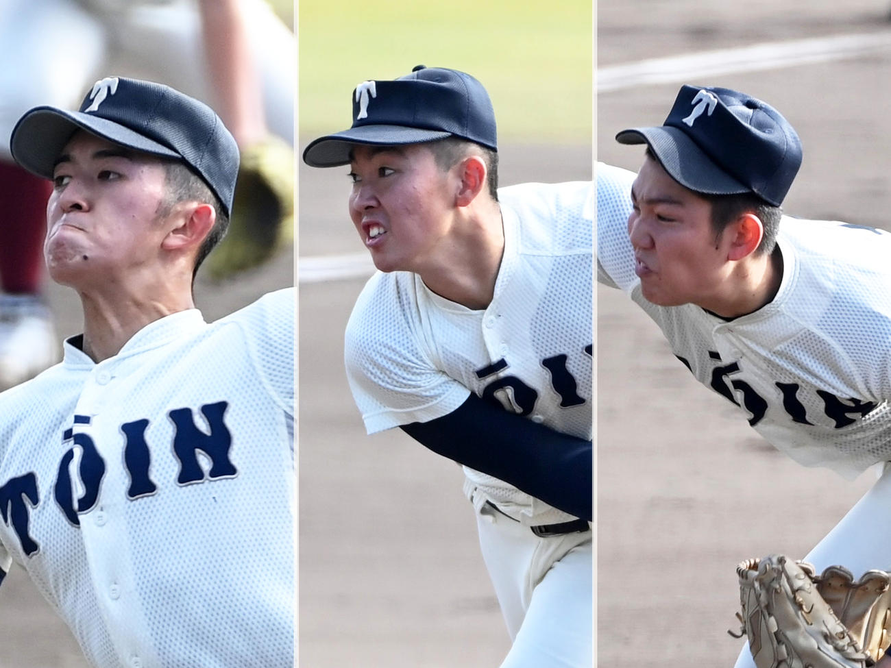 左から大阪桐蔭の先発河井、2番手別所、3番手川原