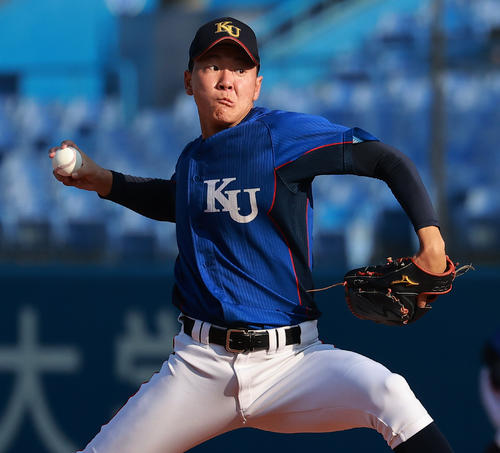 龍谷大対神奈川大 力投する神奈川大先発の神野(撮影・野上伸悟)