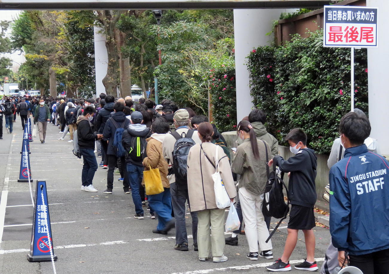 神宮球場で当日券購入を求める長蛇の列（撮影・鎌田直秀）