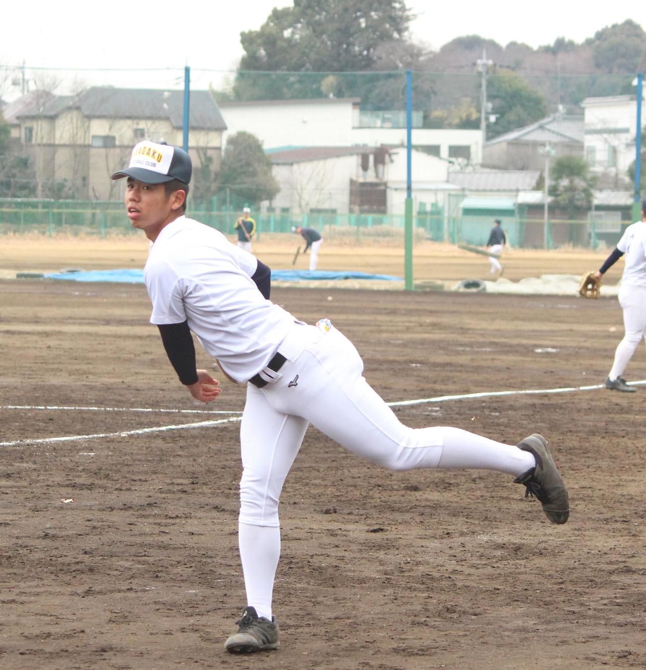 練習始めでキャッチボールをする浦和学院・宮城（撮影・保坂恭子）