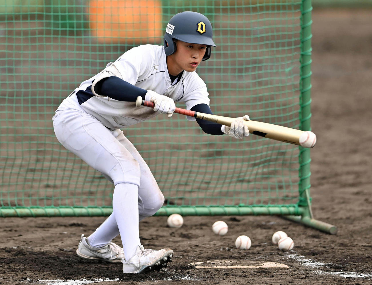 バント練習をする近江・中瀬（代表撮影）