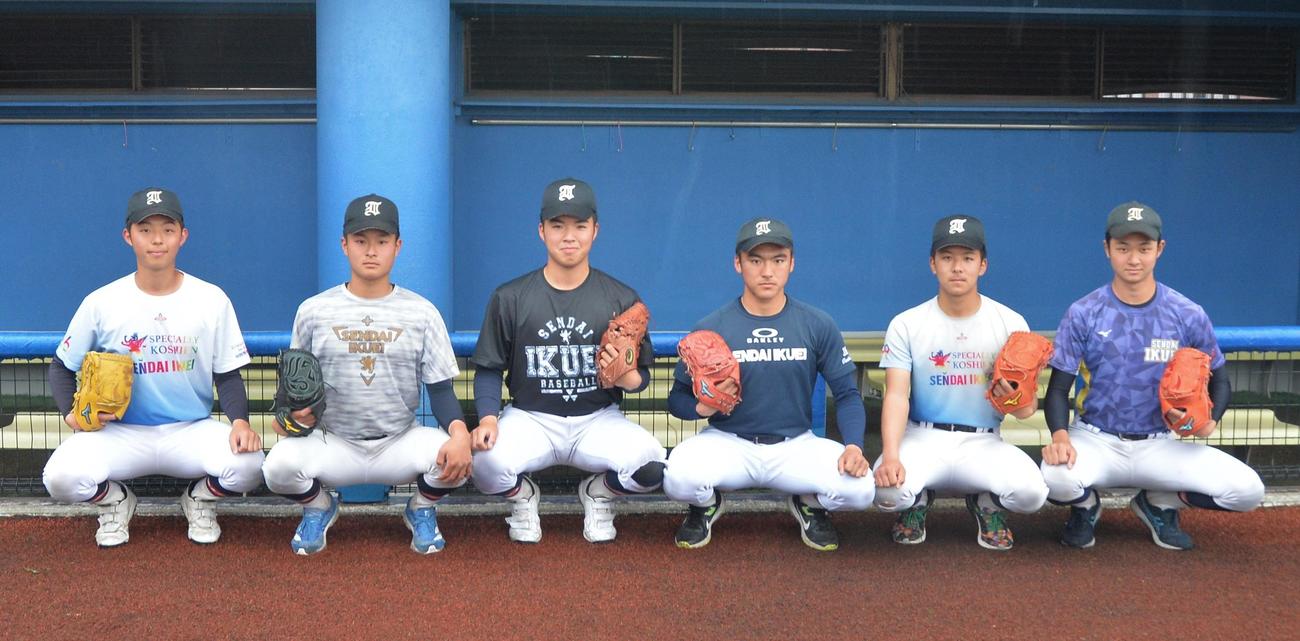 ラストシーズンに躍動を期する仙台育英の3年生投手陣。左から小林、斎藤蓉、福田、古川、渋谷、鈴木（撮影・佐藤究）