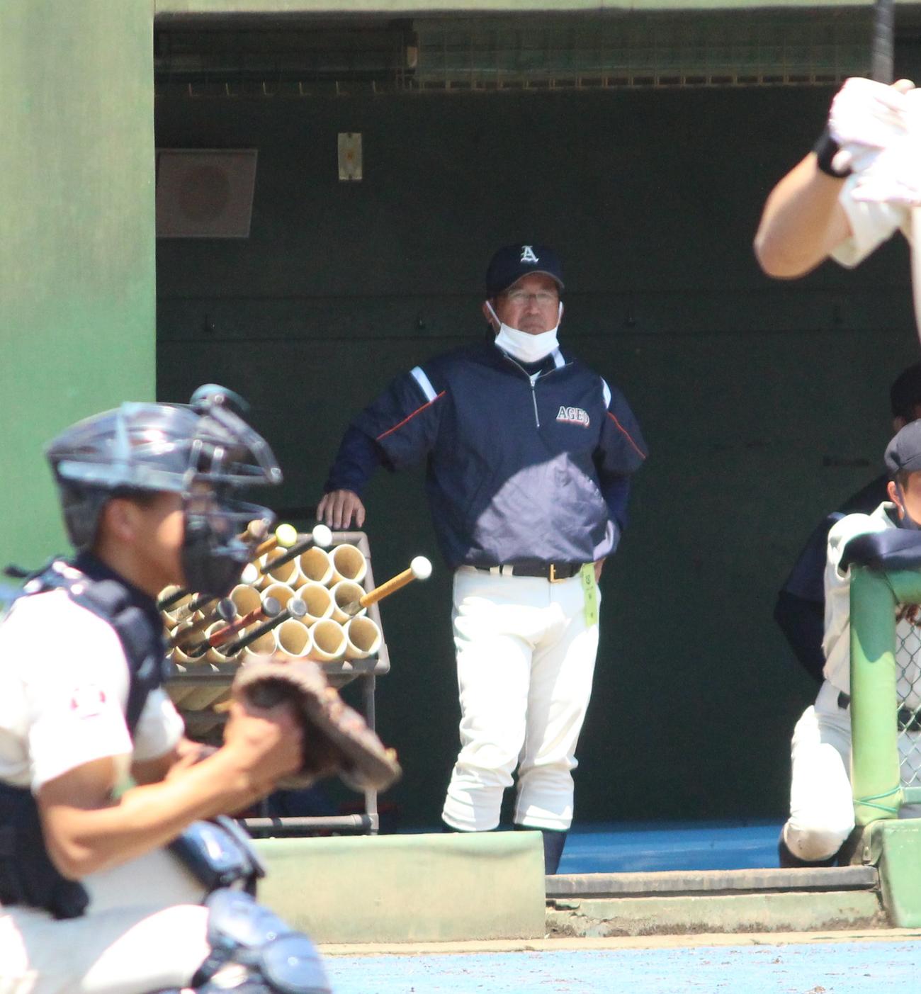 上尾対浦和学院　ベンチから試合を見つめる上尾・高野監督（撮影・保坂恭子）