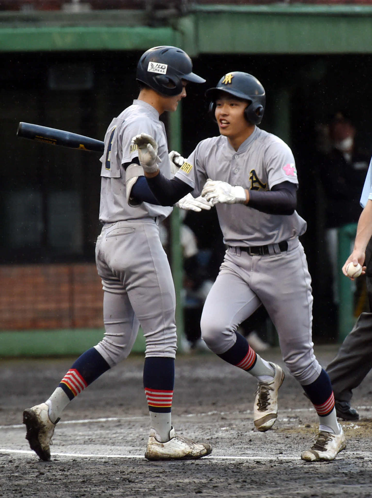 ノースアジア大明桜対青森山田　1回裏青森山田無死、先頭打者本塁打を放ち、野村（左）とハイタッチする佐々木（撮影・相沢孔志）