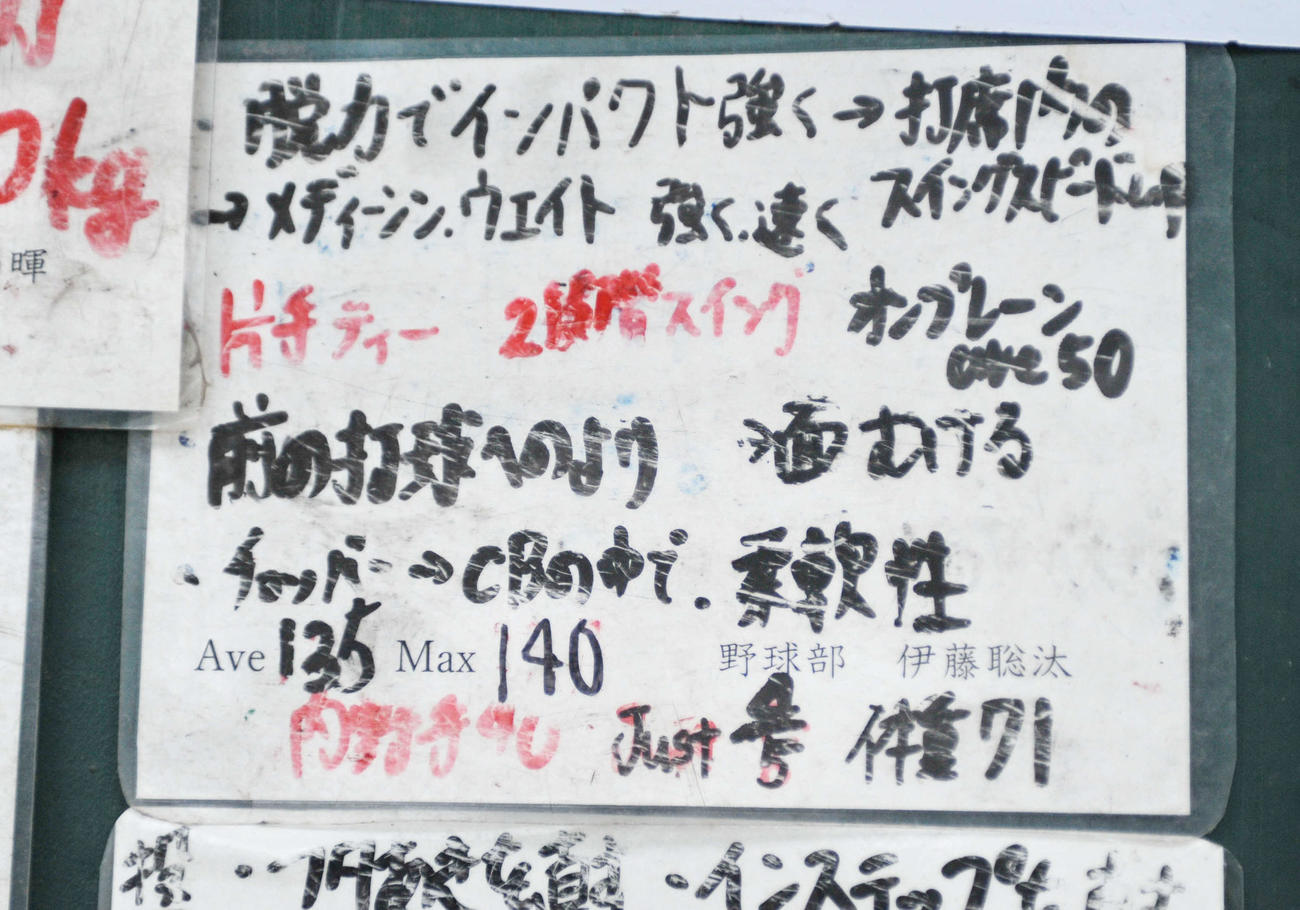 バットスイングスピードの記録カード。写真は浜松西・伊藤が書いたもの　　