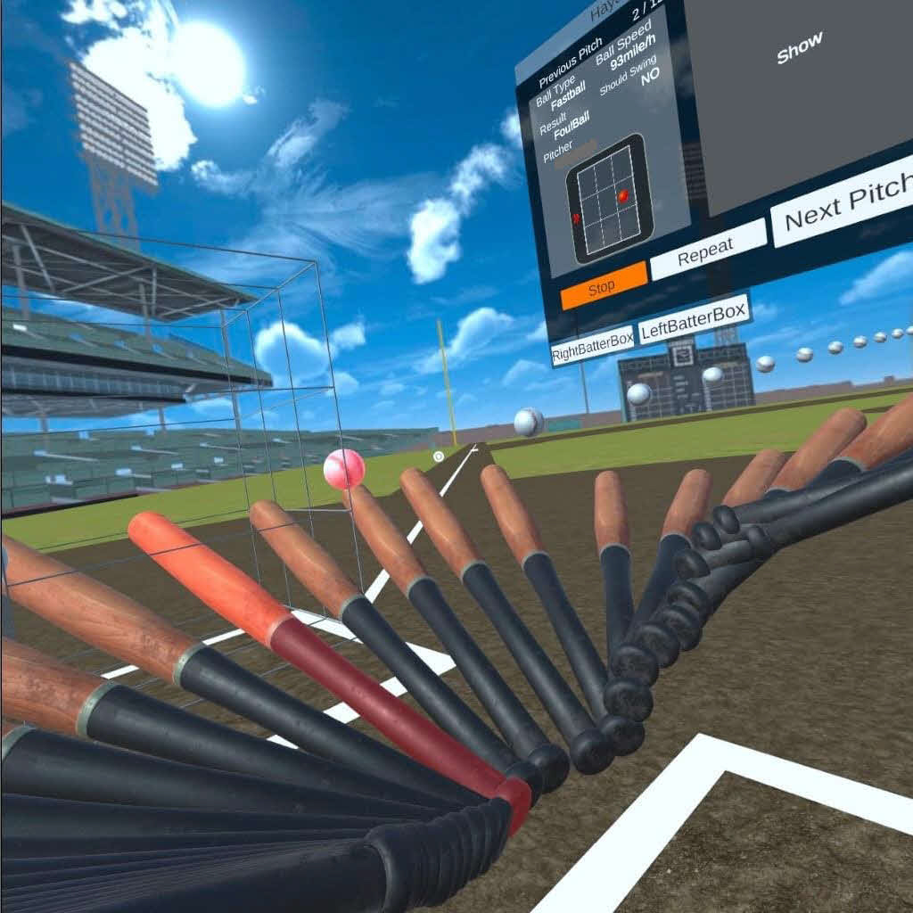 VR技術を活用した「V－BALLER」の映像イメージ。4月から提供したバージョンでは投球とスイングの軌道が分かる。打者が装着したヘッドマウントディスプレイを通して見る映像（写真提供：NTTデータ）