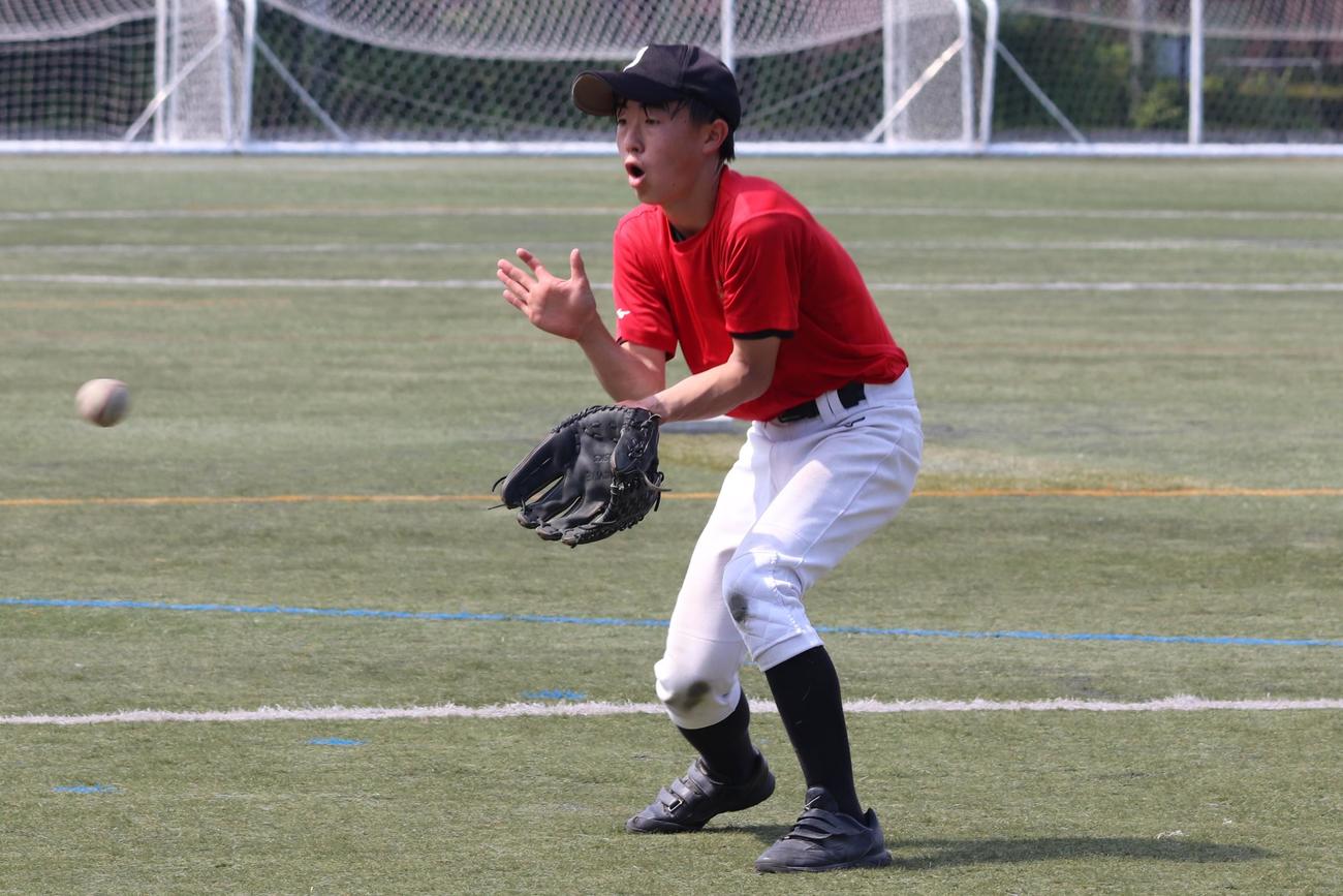 真剣な表情でゴロを捕球する井草・大泉・田柄の井塚内野手（撮影・藤塚大輔）