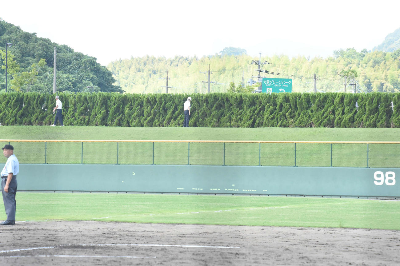 九州国際大付・佐倉の特大本塁打の球を探す球場職員（撮影・前山慎治）