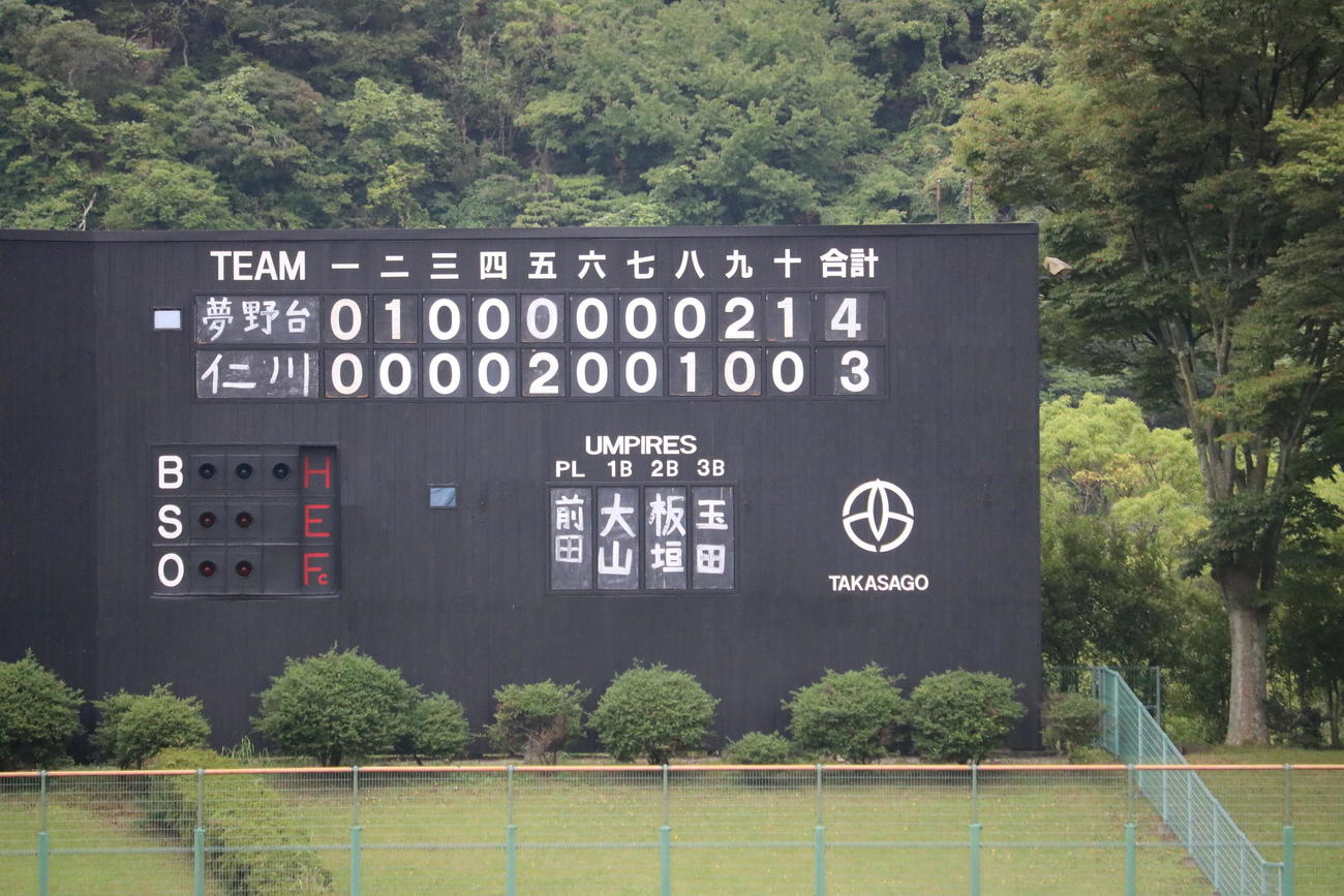 17年以来の夏“2勝”を逃した仁川学院。試合終了のスコアボード（撮影・益子浩一）