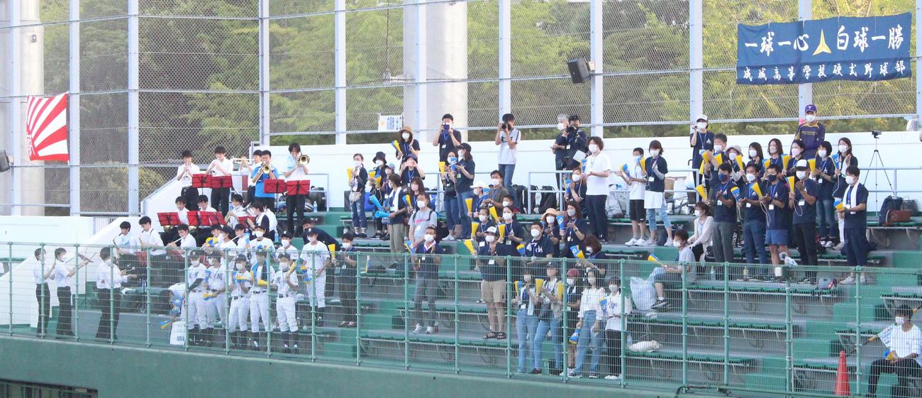 成城対紅葉川　継続試合最終日に中高の吹奏楽部が駆けつけた成城の応援スタンド（撮影・保坂恭子）
