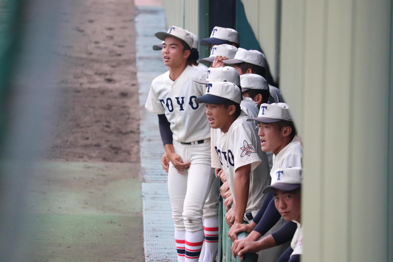 滝川対東洋大姫路　9回裏、味方打者を応援する東洋大姫路ナイン
