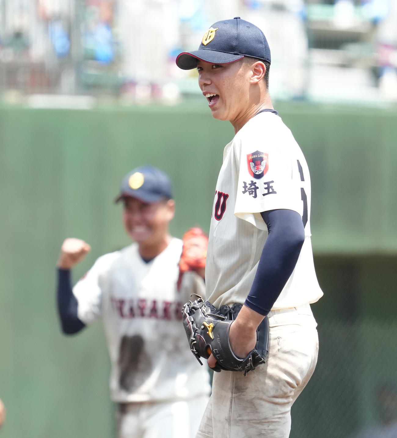 準決勝で花咲徳栄を破り、笑顔を見せる浦和学院・金田（撮影・菅敏）