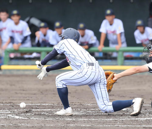 神埼清明対有田工　2回表神埼清明1死二、三塁、山下は先制となるスクイズを成功させる（撮影・屋方直哉）