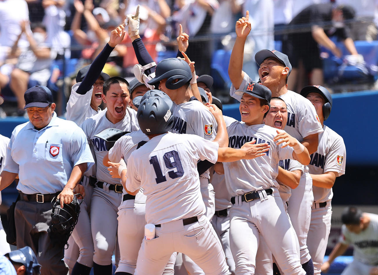 東海大相模対横浜　サヨナラ勝ちで優勝を果たし歓喜の横浜ナイン（撮影・垰建太）