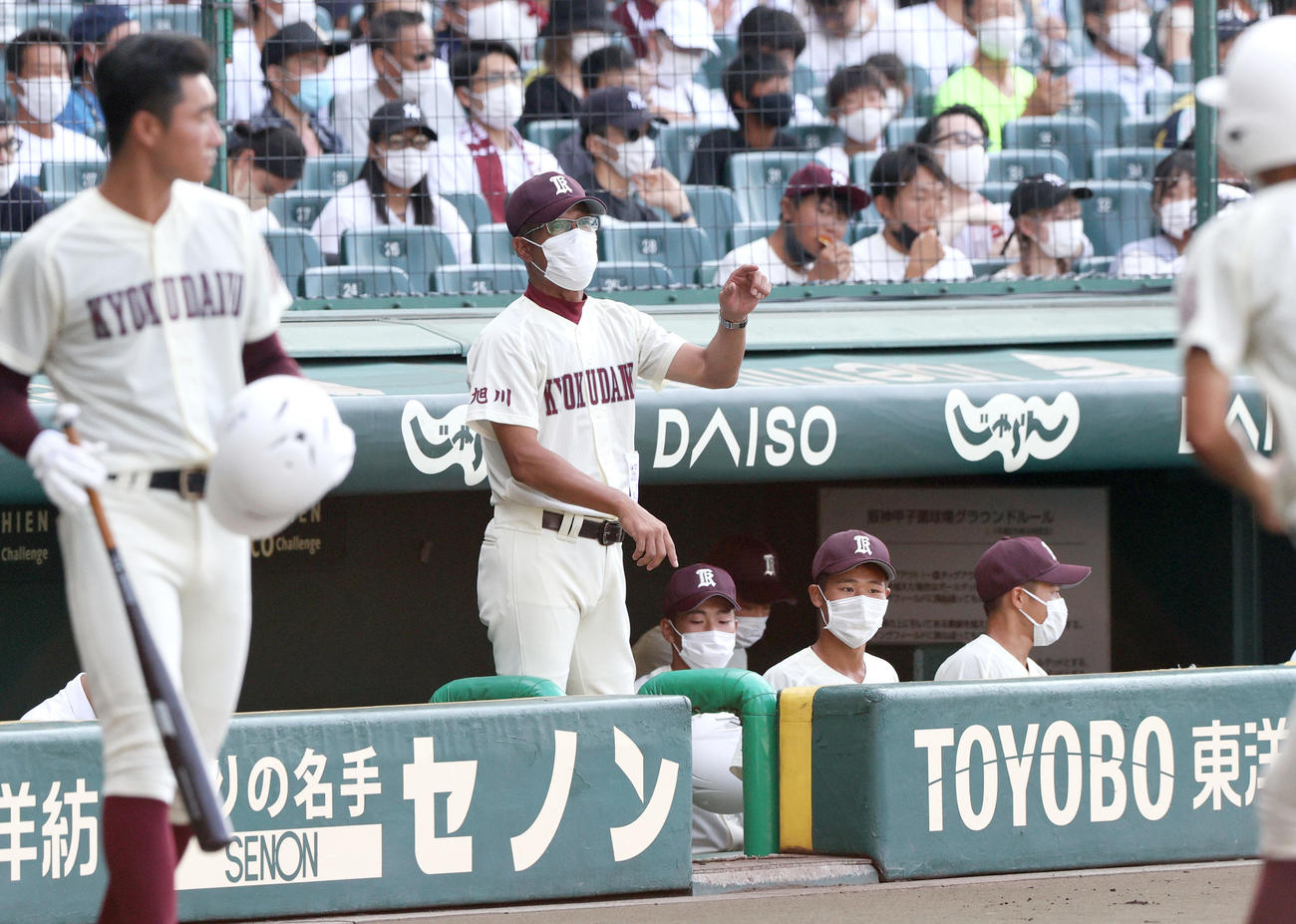 旭川大高対大阪桐蔭　ベンチから指示を出す旭川大高・端場監督（左から2人目）（撮影・上山淳一）