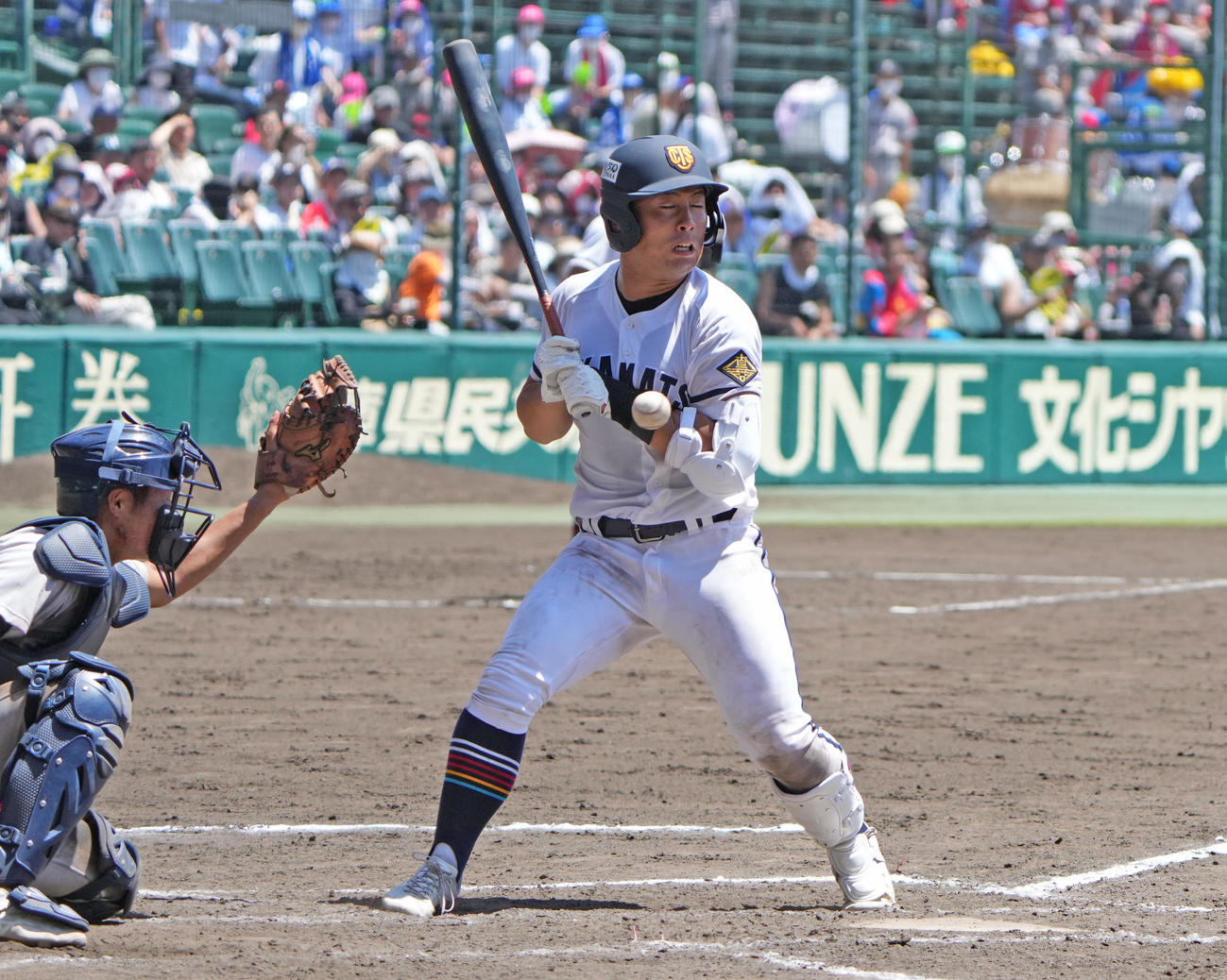 高松商対佐久長聖　8回表高松商1死一、二塁、死球を受ける浅野（撮影・清水貴仁）