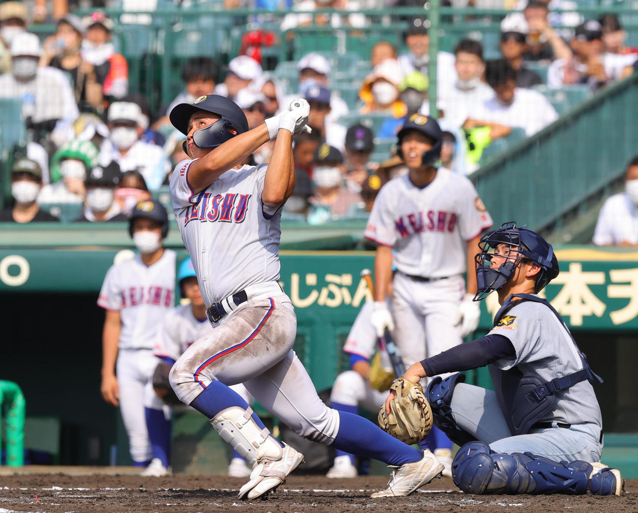 明秀学園日立対仙台育英　4回表明秀学園日立無死、左越え本塁打を放つ武田（撮影・野上伸悟）