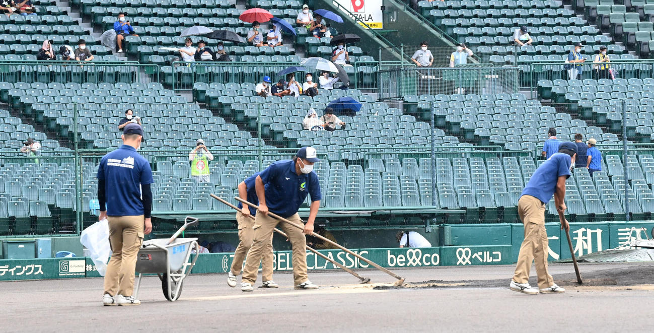 グラウンド整備が行われる甲子園球場　撮影・前岡正明）