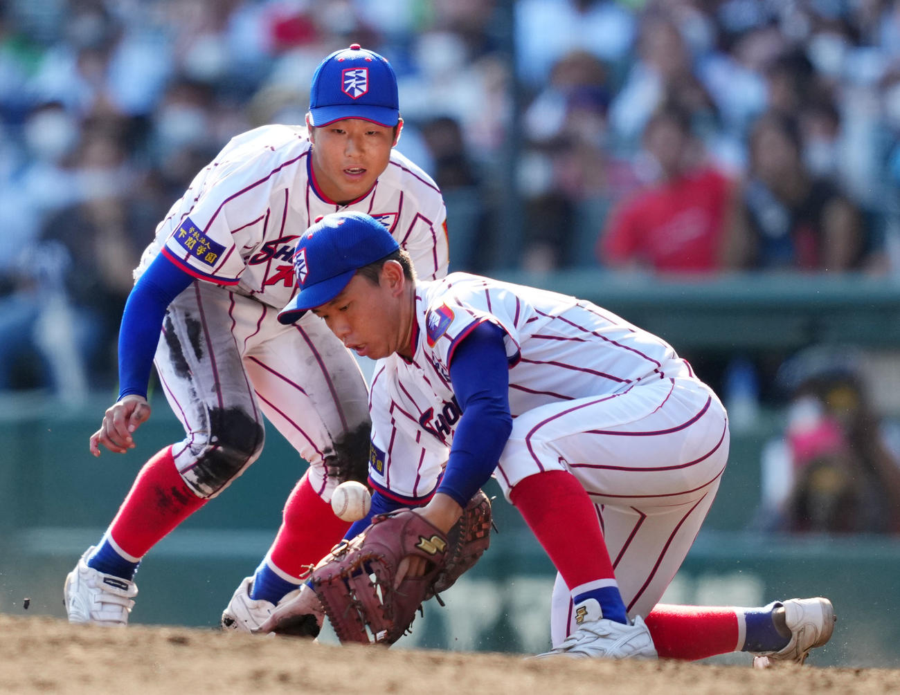 下関国際対大阪桐蔭　5回裏大阪桐蔭2死一、二塁、	
海老根の打球を落球する賀谷（手前）（撮影・横山健太）