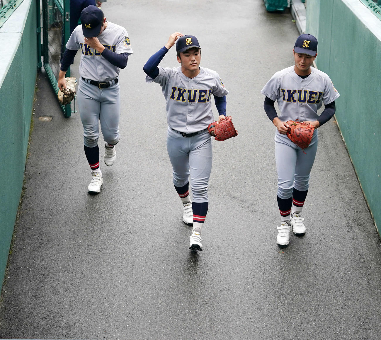 キャッチボールを終え引き揚げる仙台育英の、左から尾形、古川、斎藤蓉（撮影・横山健太）