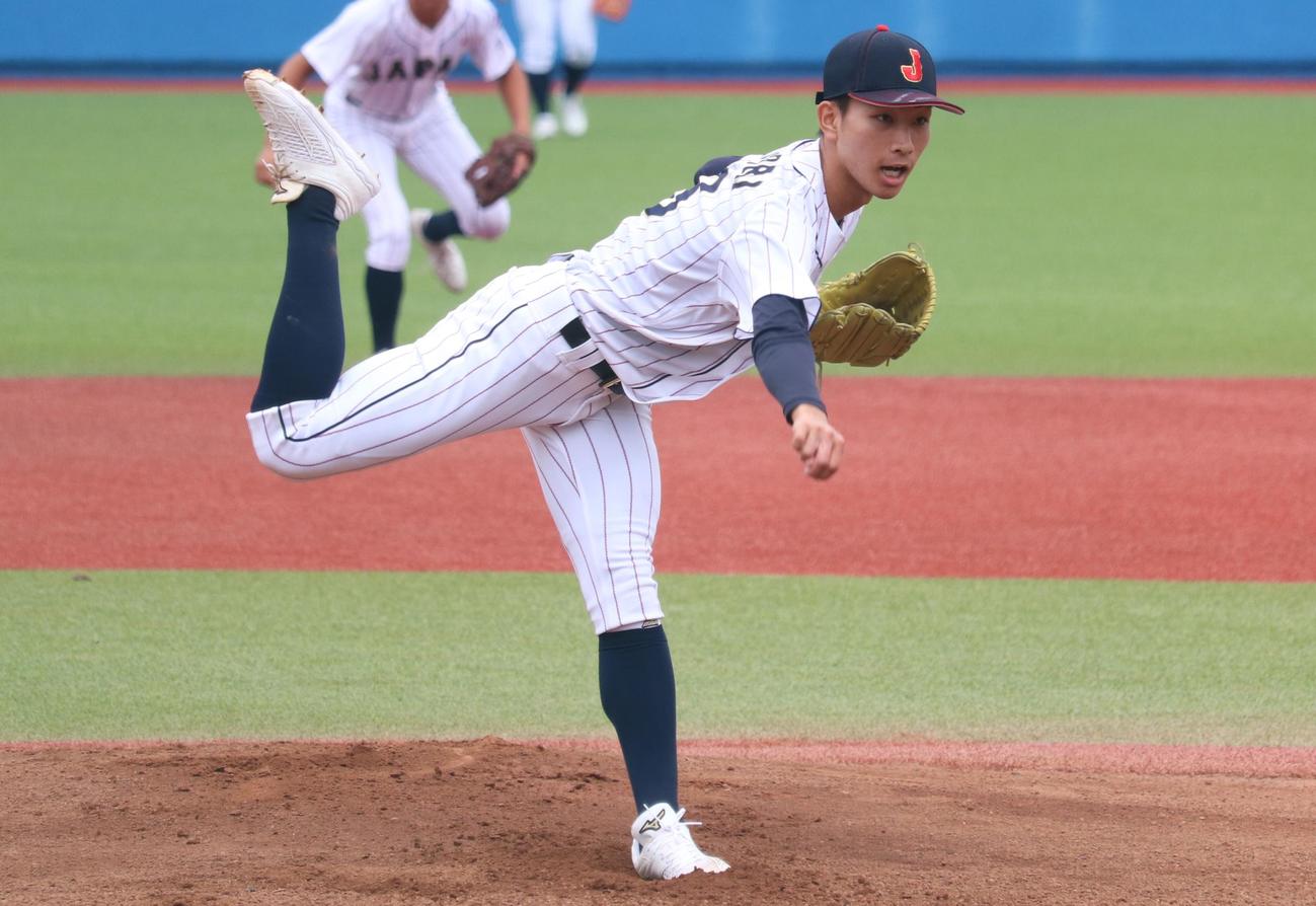 立大対高校日本代表オープン戦　力投する高校日本代表先発の生盛（撮影・阿部泰斉）