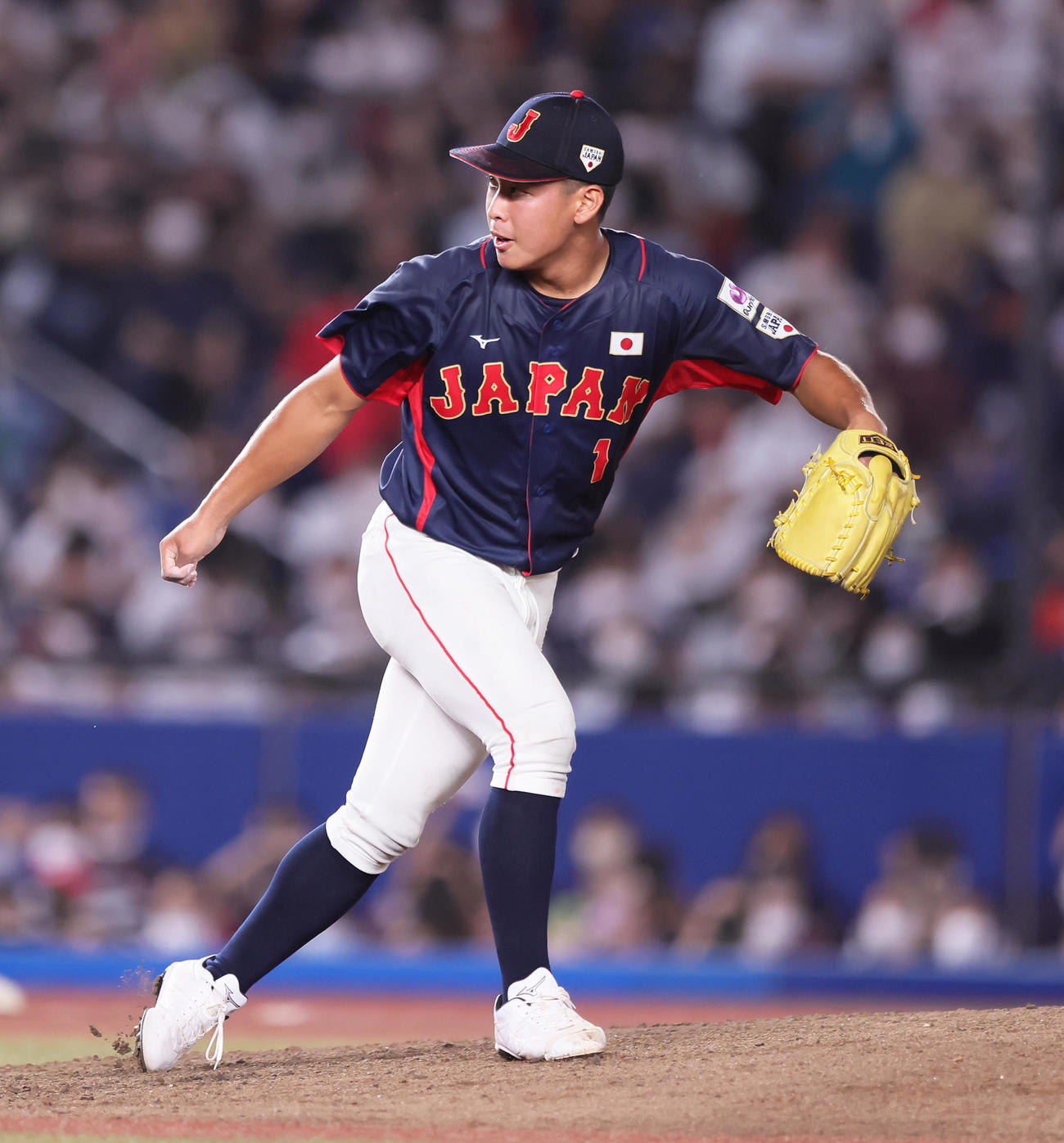 高校日本代表対大学日本代表　8回から登板した高校日本代表・山田（撮影・足立雅史）