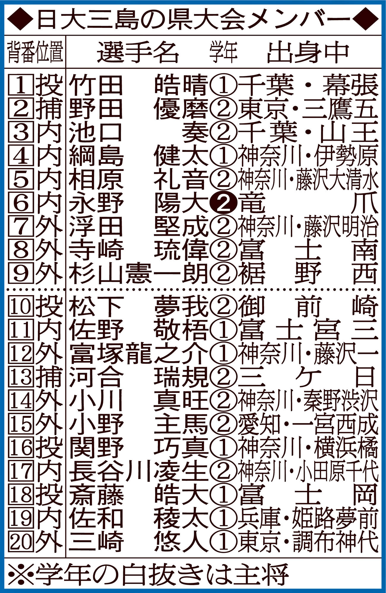 日大三島の県大会メンバー