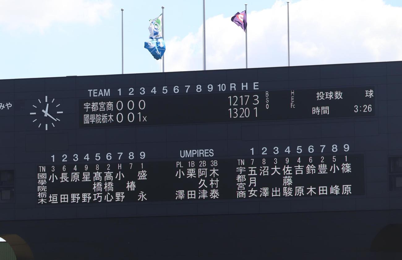 宇都宮商対国学院栃木　激戦となったスコアボード。両チーム合計37安打を記録した（撮影・阿部泰斉）