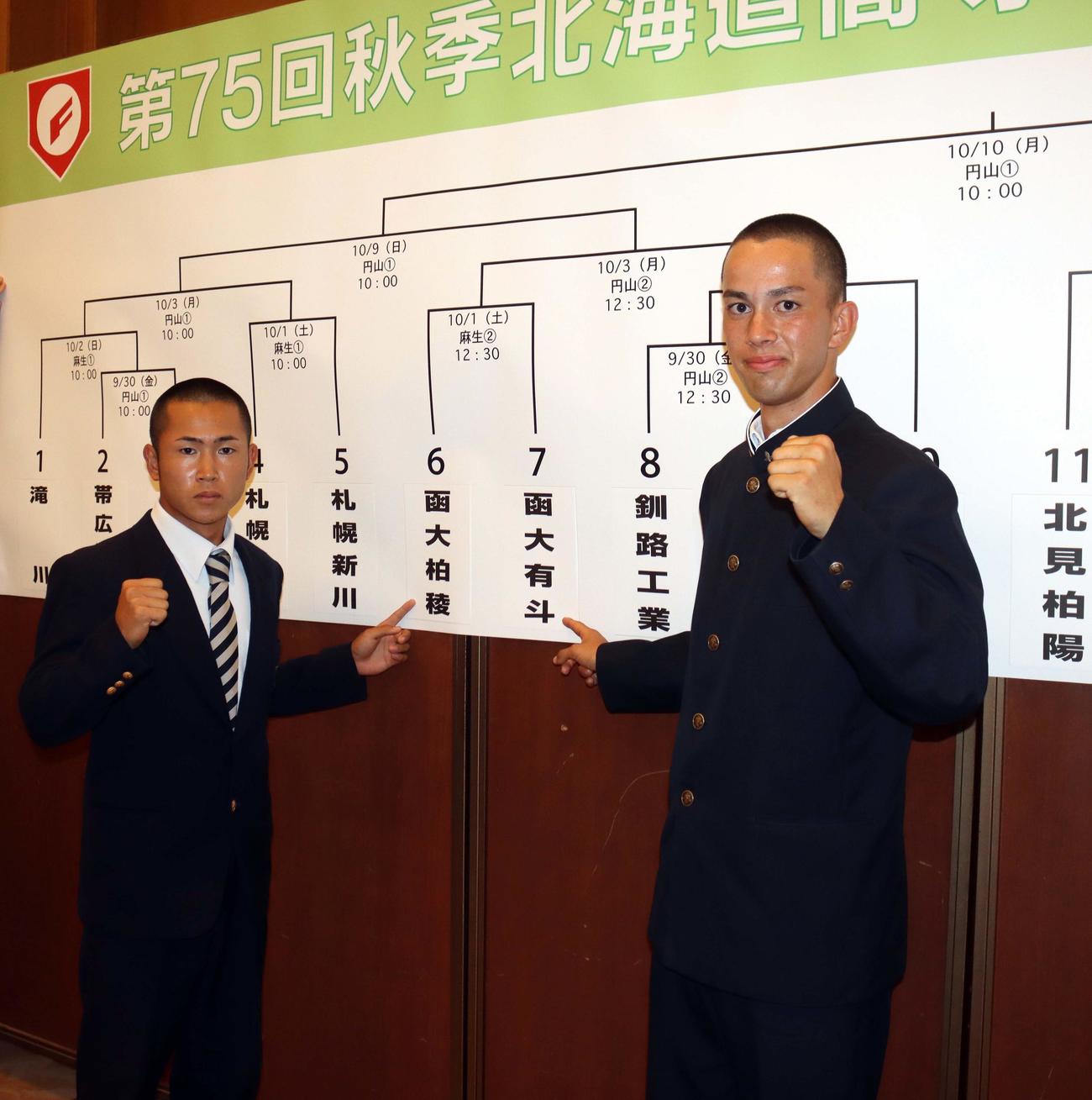 兄弟校対決に意気込む、函館大柏稜の西村主将（左）と函館大有斗のジョンソン主将（撮影・永野高輔）
