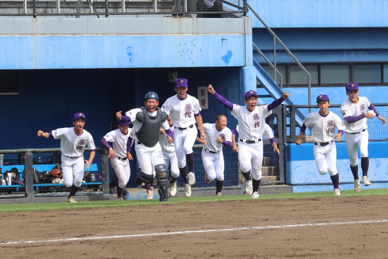 今年、春夏連続甲子園出場の明秀学園日立を破り、ベンチからガッツポーズで飛び出してくる藤代の選手たち（撮影・保坂淑子）