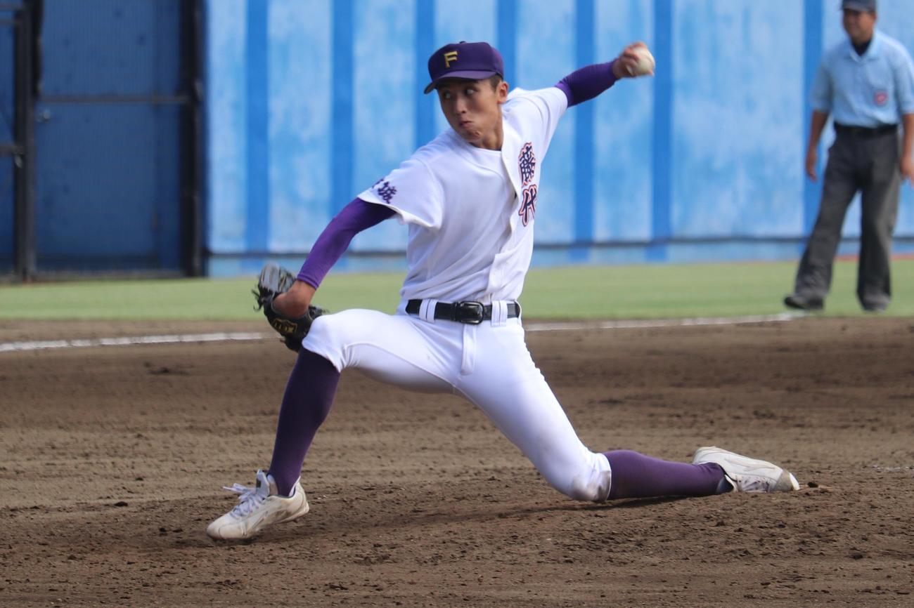 明秀学園日立打線に11安打されながらも1点に抑えた、藤代の先発・エース大竹（撮影・保坂淑子）