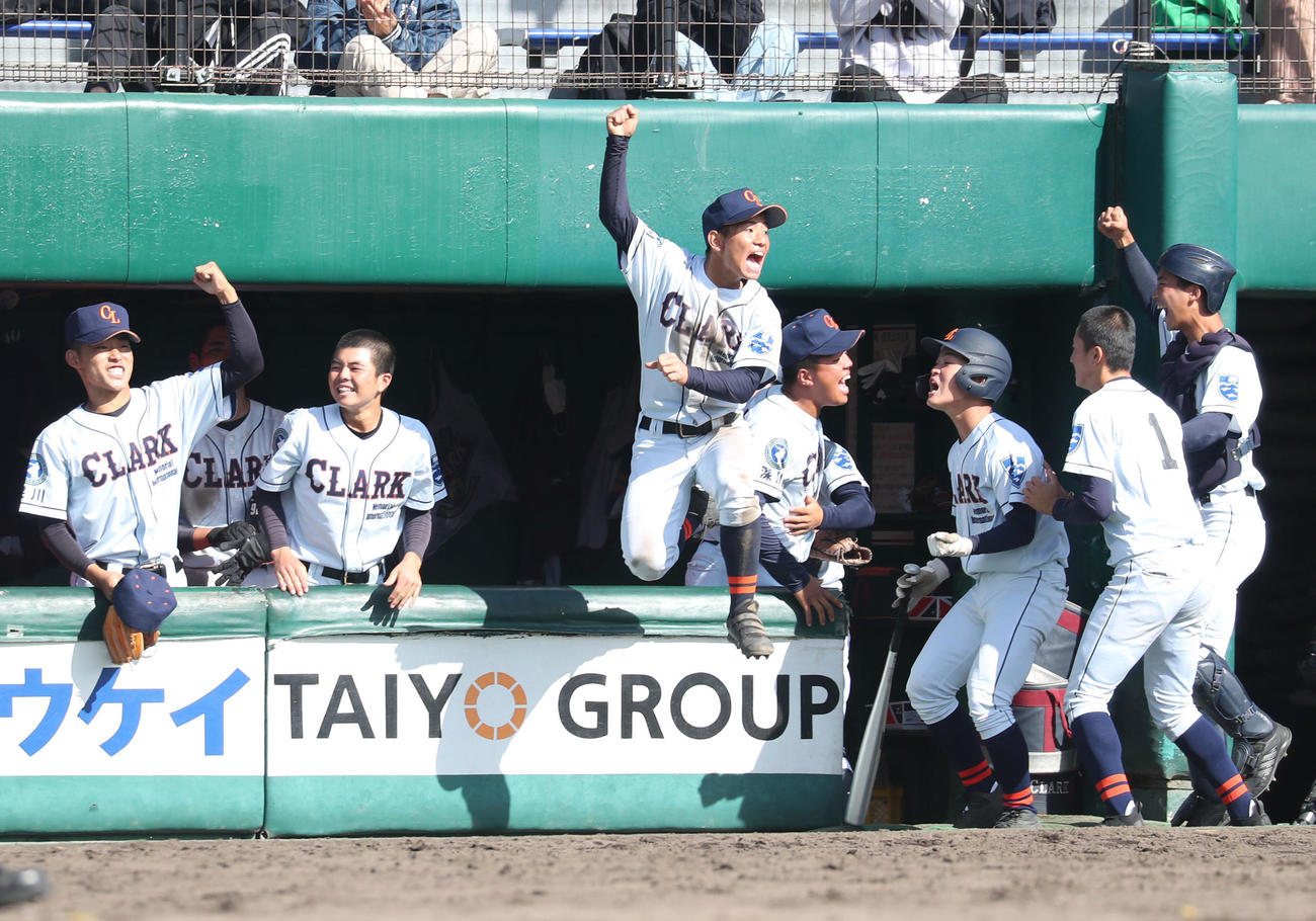 クラーク対北海　10回表クラーク2死二塁、谷川の悪送球の間に三走高木が生還し勝ち越しに歓喜するクラークベンチ（撮影・佐藤翔太）