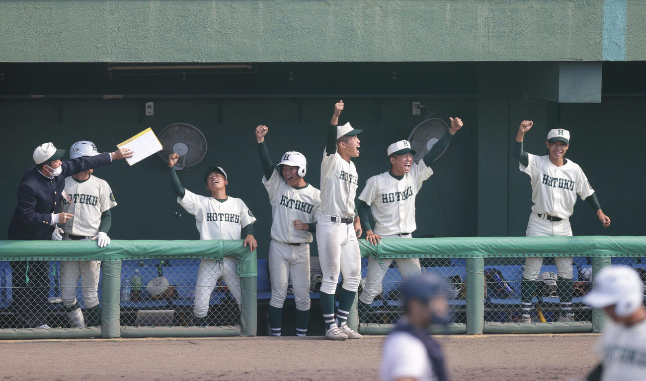 履正社対報徳学園　3回裏報徳学園1死三塁、石野が2点本塁打を放ち、ベンチで喜ぶ報徳学園ナイン（撮影・前田充）