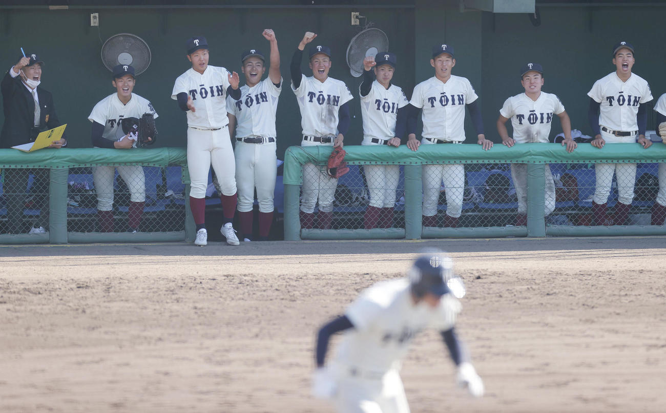 大阪桐蔭対彦根総合　4回表大阪桐蔭2死満塁、南川（手前）が勝ち越しとなる押し出し死球を受け、ベンチで喜ぶ大阪桐蔭ナイン（撮影・前田充）