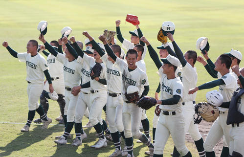 履正社対報徳学園　履正社に勝利し喜ぶ報徳学園ナイン（撮影・前田充）