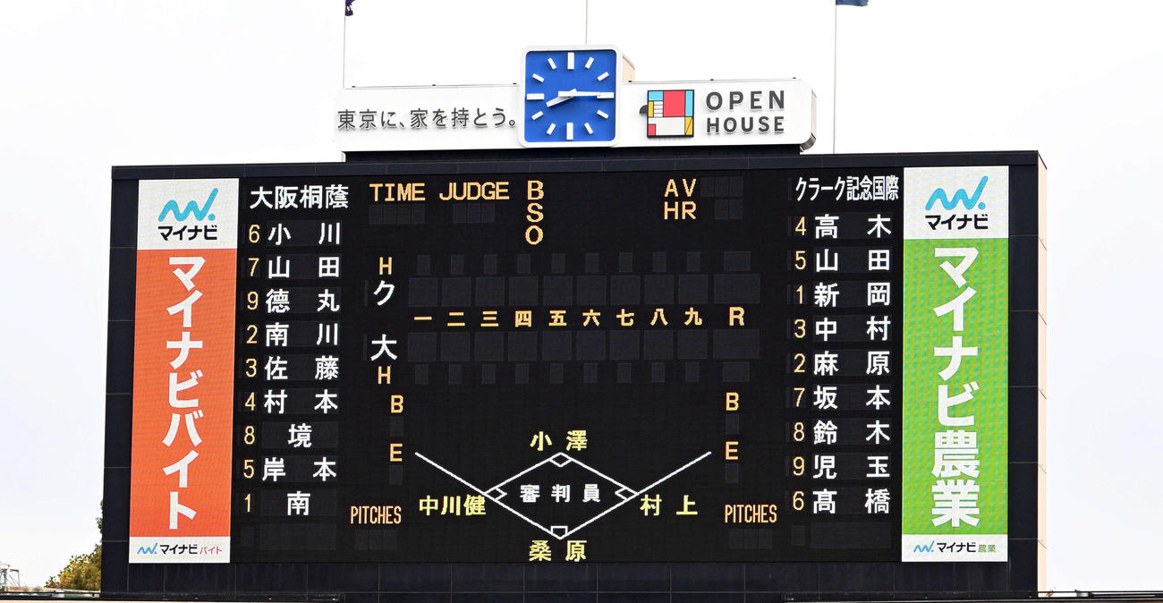 クラーク対大阪桐蔭　両チームのスタメン（撮影・滝沢徹郎）