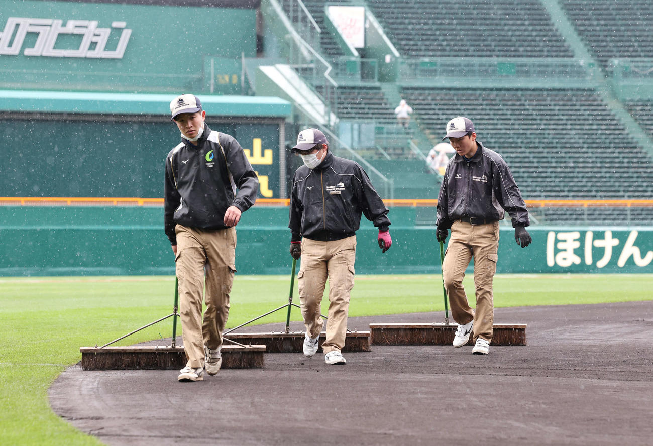 開会式開始前、グラウンドを整備する阪神園芸（撮影・宮地輝）