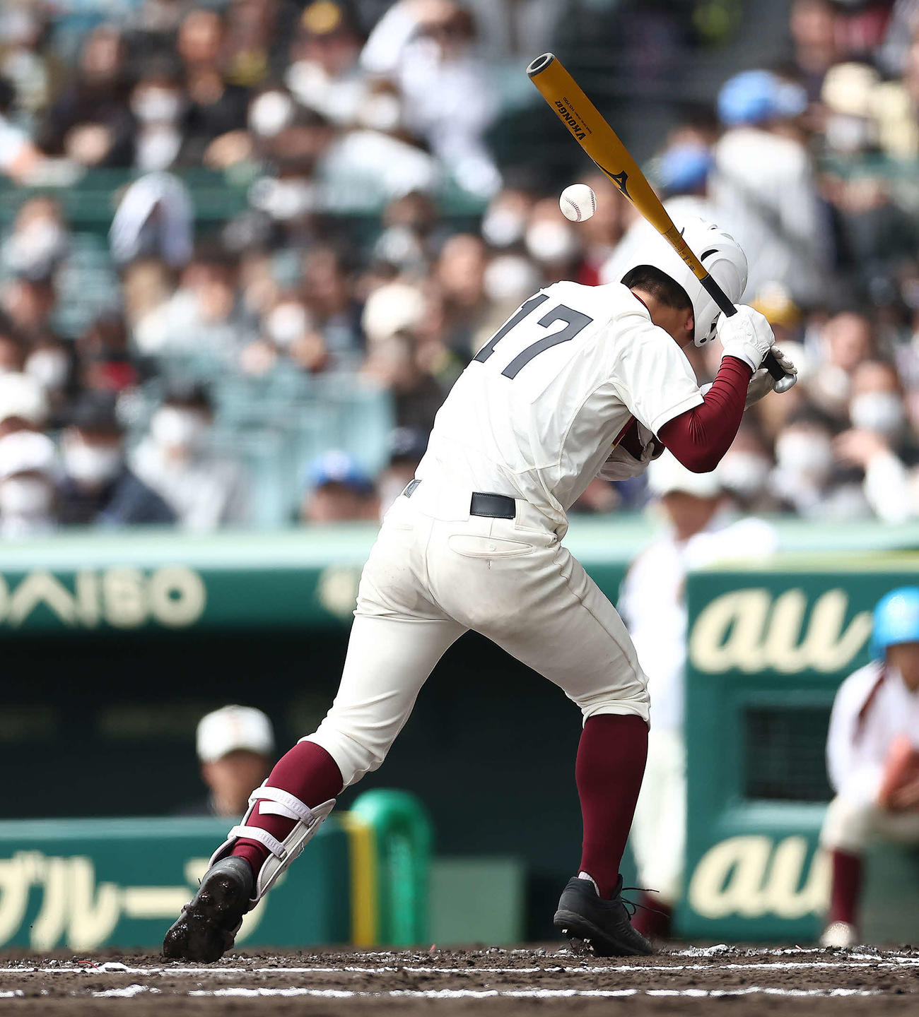 高知対専大松戸　7回表高知2死一塁、死球を受ける辻井（撮影・河田真司）