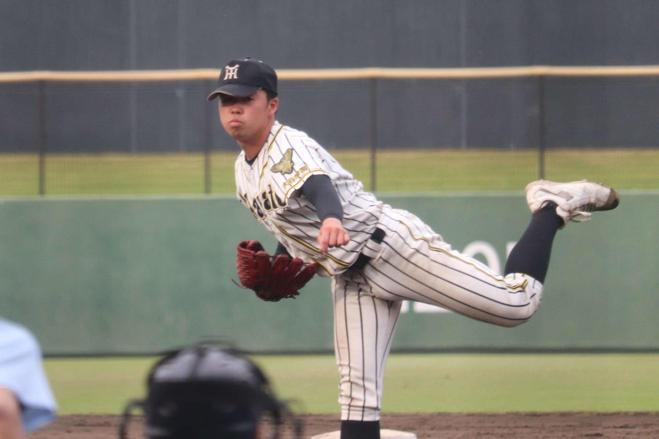三浦学苑－横浜隼人　4回を投げ3安打2失点、5回コールドで勝利した横浜隼人のエース・石橋（撮影・保坂淑子）