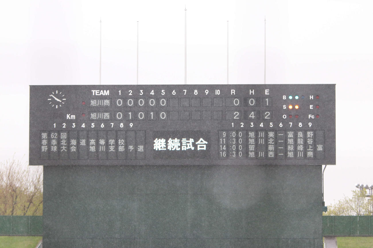旭川商対旭川西　継続試合決定を映し出す球場のスコアボード（撮影・山崎純一）
