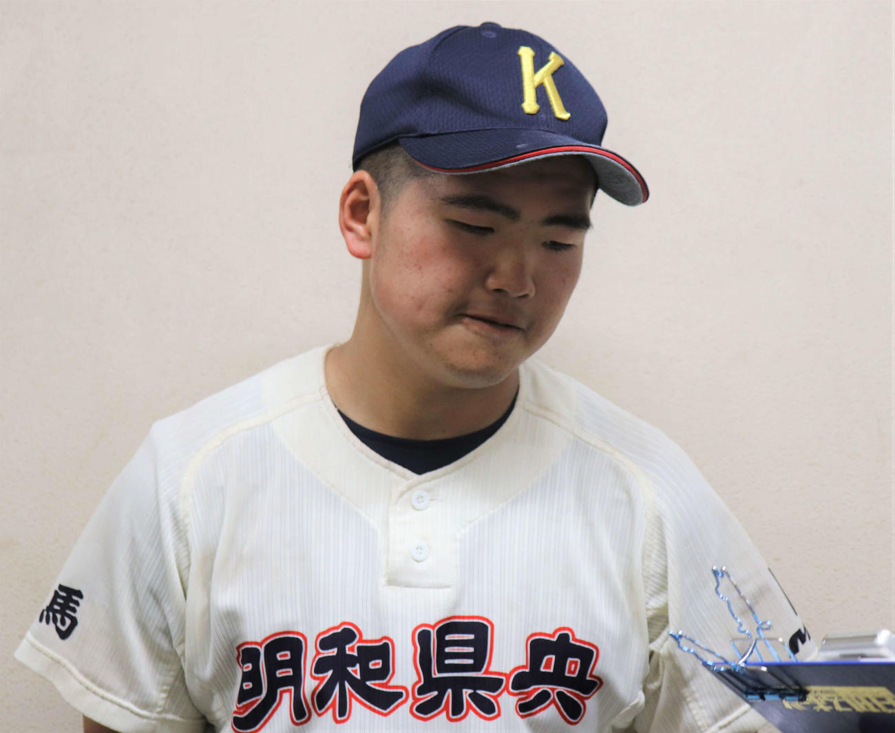 明和県央対常総学院　試合後、取材に応じる明和県央・須藤（撮影・村山玄）