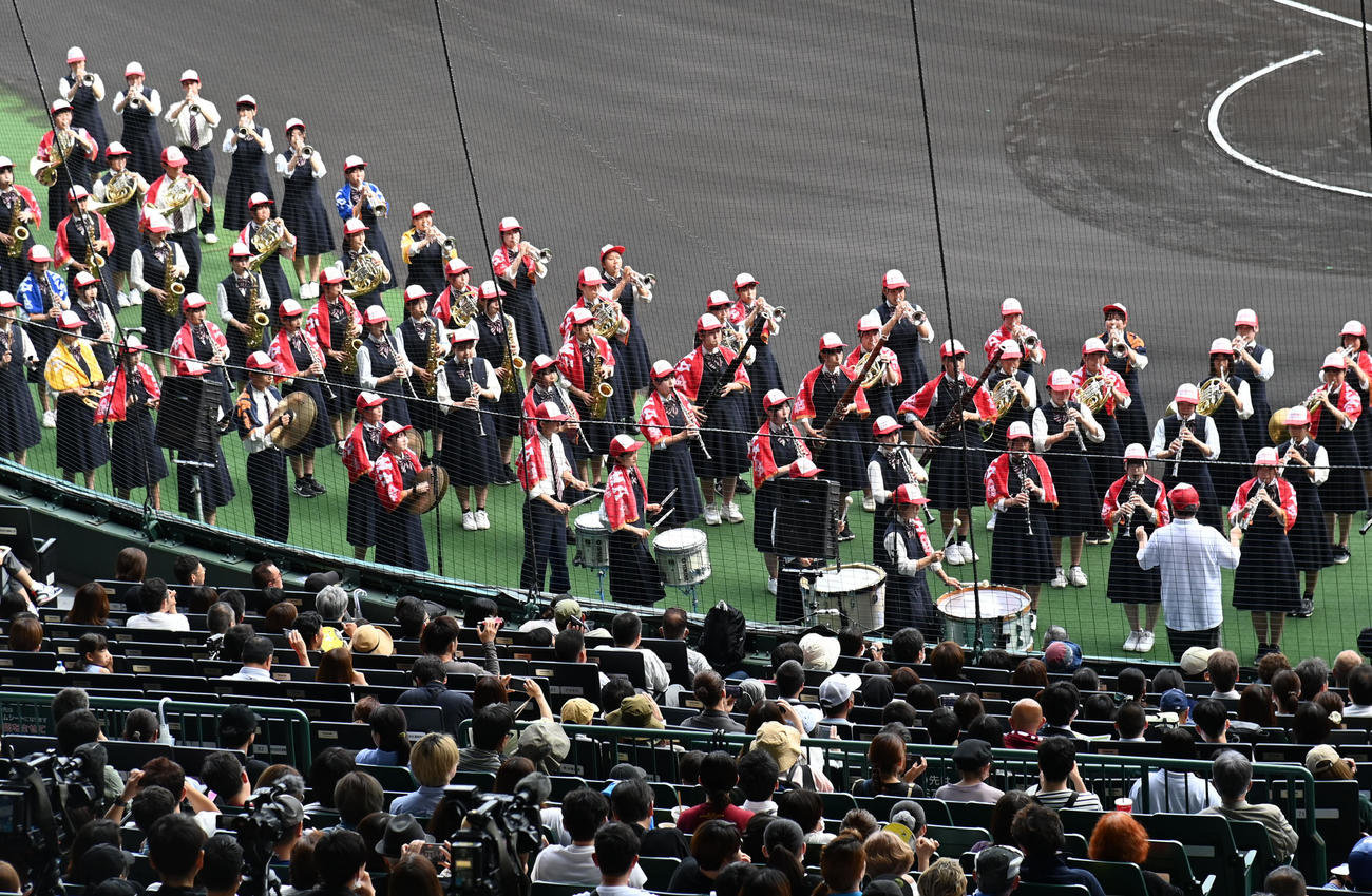 甲子園球場で演奏をする尼崎市立尼崎高等学校吹奏楽部（撮影・石井愛子）